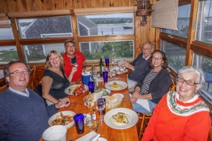 Steve, Pam, Bob, Jack, Ellen, and Ellie having seafood dinners at Home Port