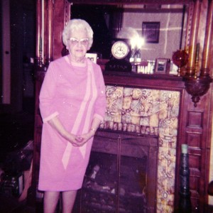 Grandma in front of the fireplace in Baraboo